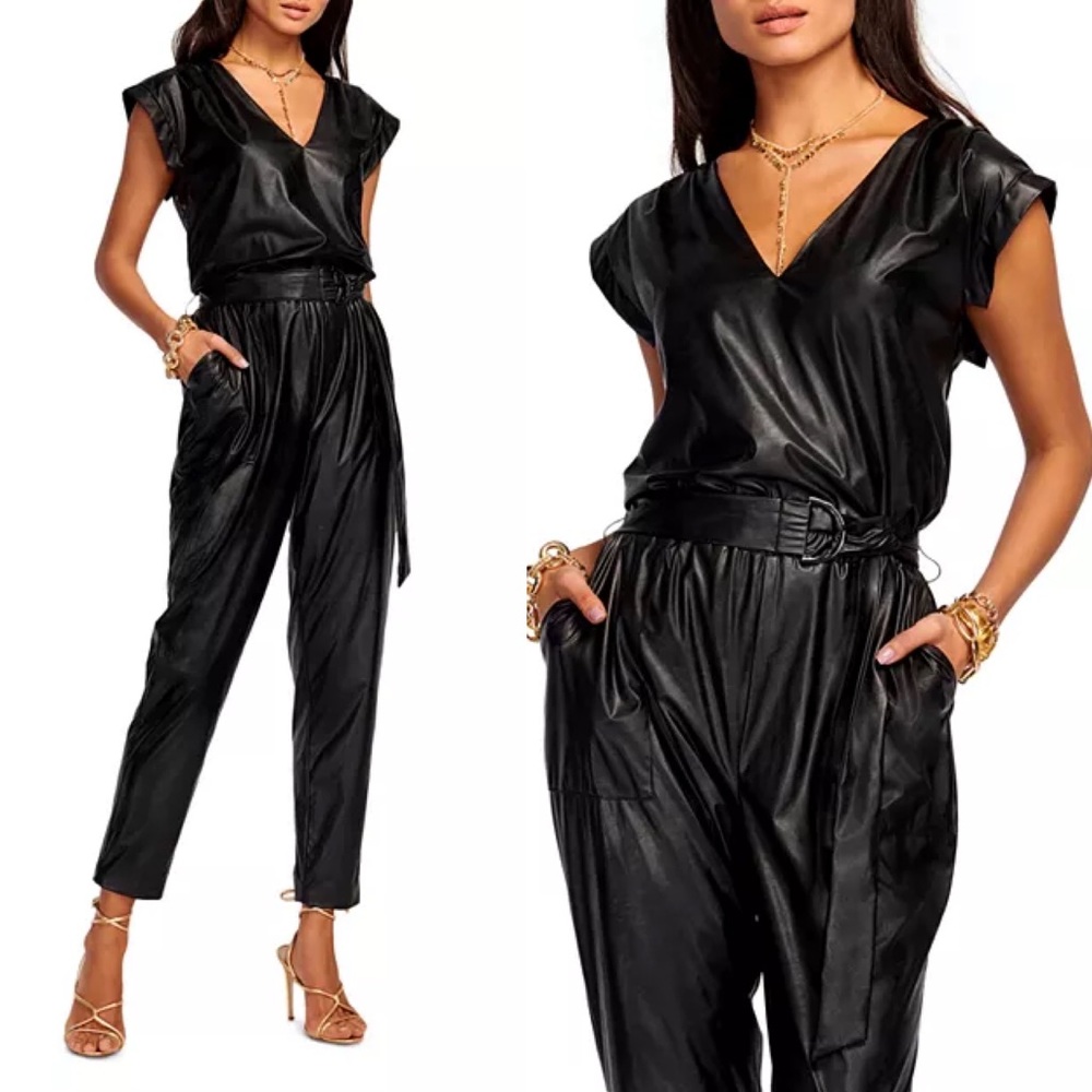 NWT Ramy Brook Lorelei Faux-Leather Belted Jumpsuit